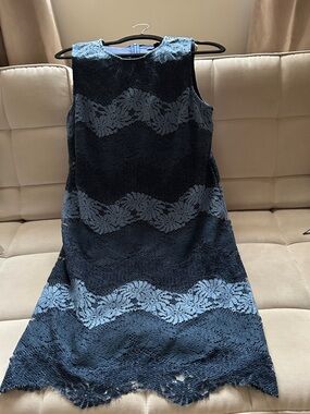 Maggy London Navy Lace Wave-Striped Sleeveless Dress